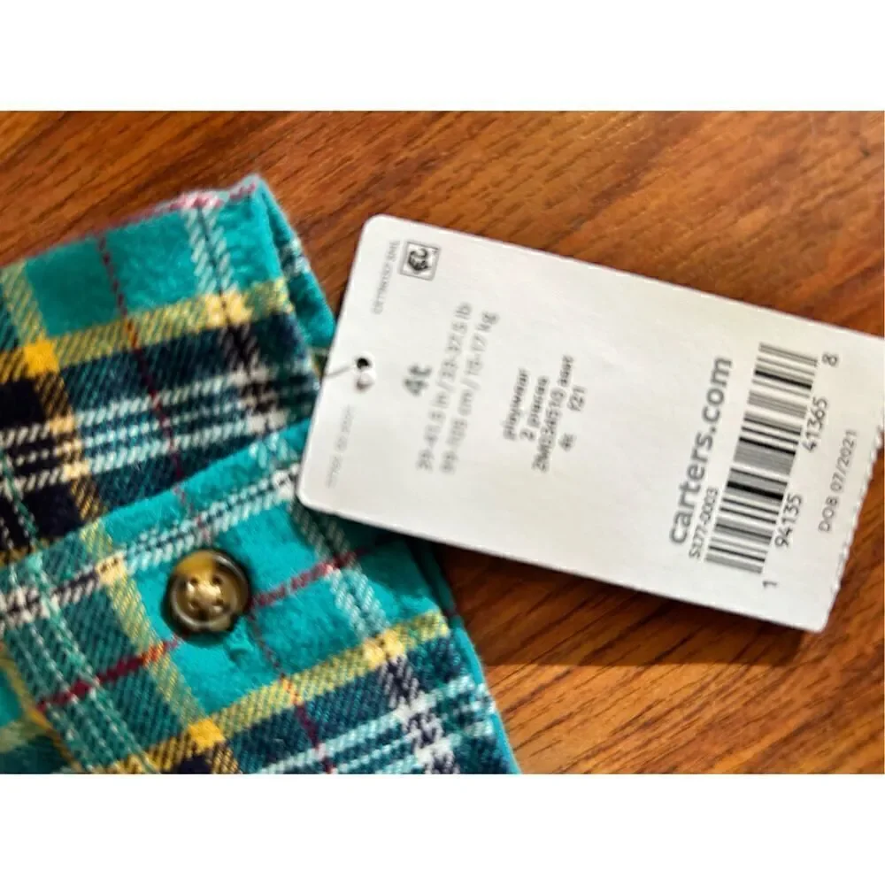 NWT Carters green and gray flannel long sleeve hoodie button-down shirt size 4T
